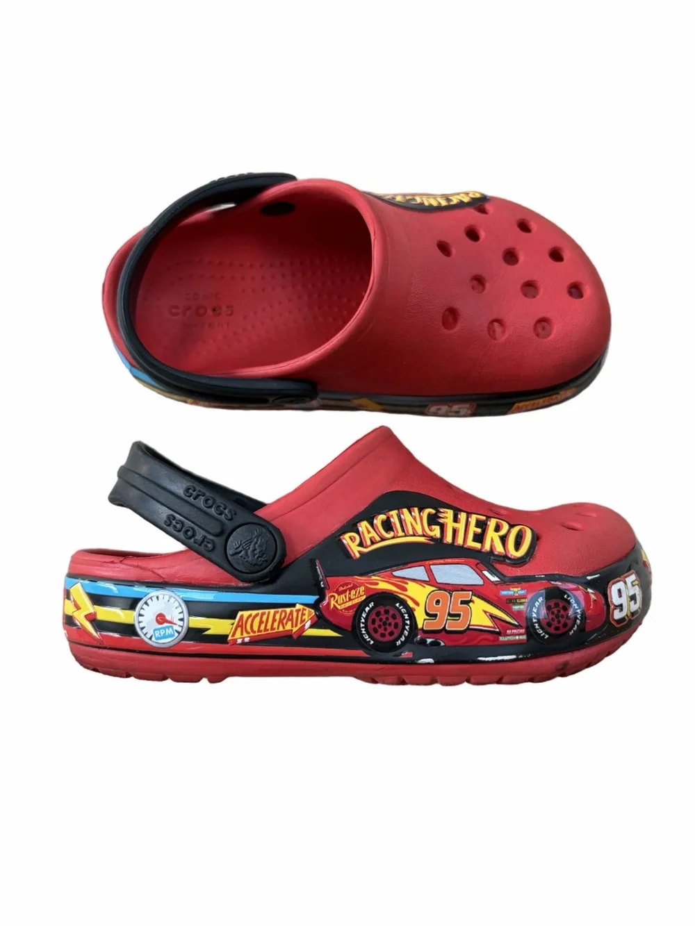 Crocs Toddler Size 8 Cars Lightning McQueen Fun Lab Rust-eze Red Flame Sandals